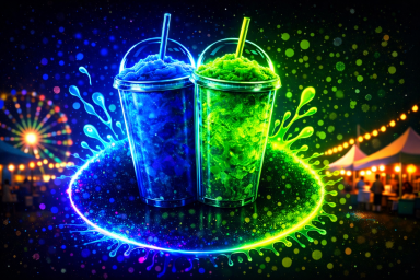 Stadtfest oder Markt mit buntem Slushy-Angebot